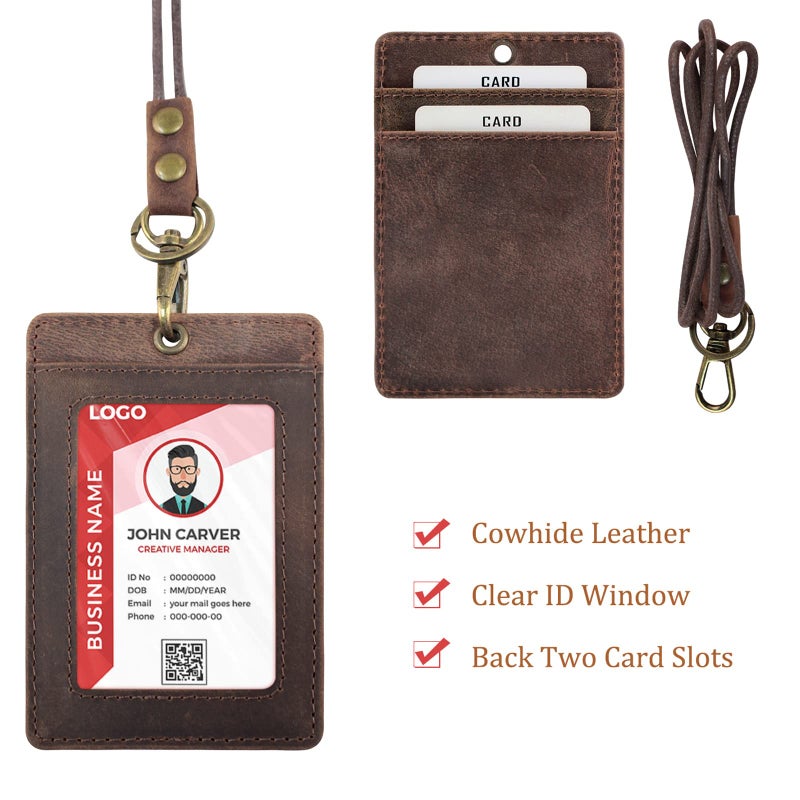 Boshiho Vertical Style Cowhide Leather ID Card Badge Holder with Heavy Duty Lanyard (Genuine Leather Dark Brown) - Image 2